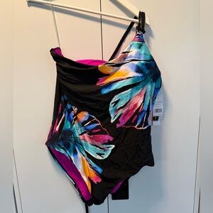 RARE La Blanca Black One-Piece Swimsuit with Multicolor Tropical Print